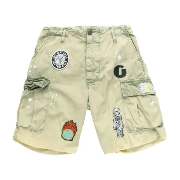 GALLERY DEPT. KENZIE FATIGUE CARGO SHORTS Patch embroidered shorts, distressed ink-splashed overalls, olive green size 30/32/34/36, heavy wash garment dyeing, jetted horse fade, washed and distressed products, each piece is slightly different, each piece is a work of art, Shimada machine embroidery, hand-splashed ink graffiti